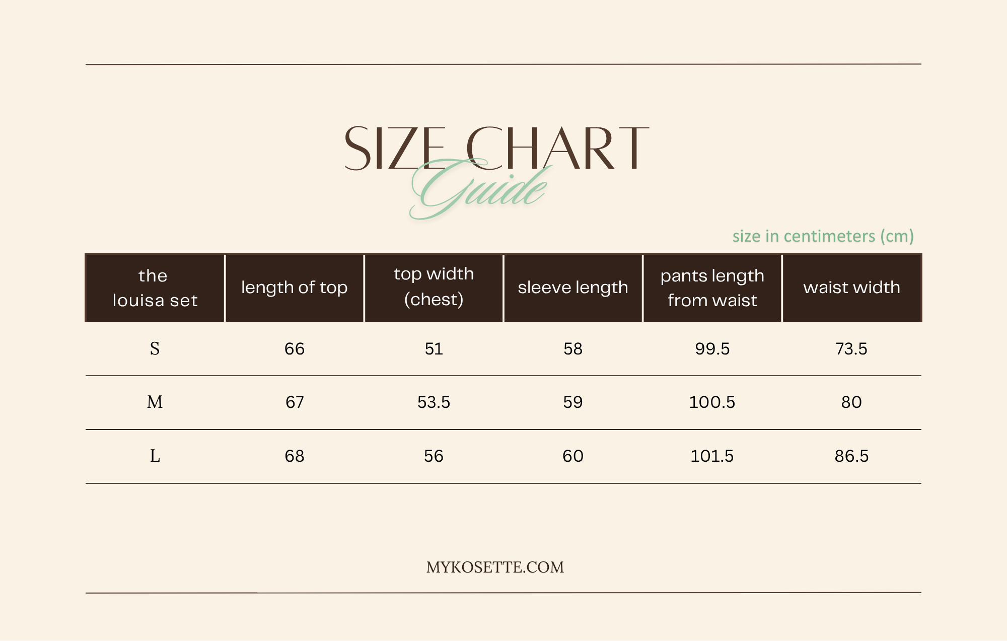 louisa long sleeve and pants pajama set size & fit chart